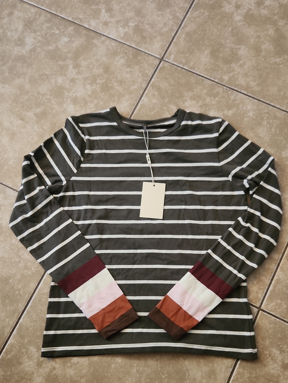 POINT Striped Long Sleeve Tee with Colorblock Cuffs - Olive & Multicolor
